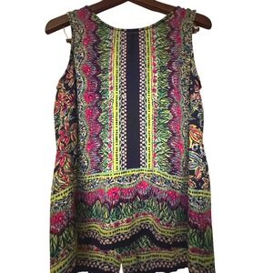 Cynthia Rowley Womens Navy Pink Floral Boho Sleeveless Button Back Blouse Size M